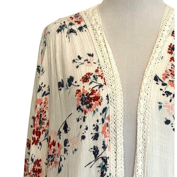 Maurices Floral Open Kimono Womens One Size Crochet Trim Topper Coverup Cardigan - Picture 3 of 7